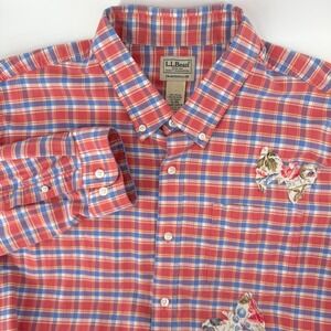 LL Bean Traditional Fit XL Plaid‎ Butterfly Applique Button Down Shirt Pink Blue